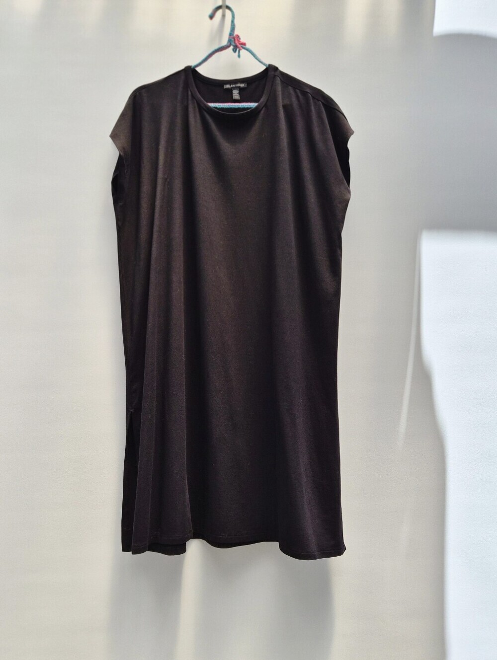 EILEEN FISHER Black Tencel Jersey Tunic Dress Medium M Lagenlook Minimalist Slit